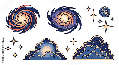 A captivating, cartoonish, and intricately designed collection of celestial elements showcasing swirling galaxies, radiant stars, a bright moon, and dreamy clouds, floating in a clean, cosmi