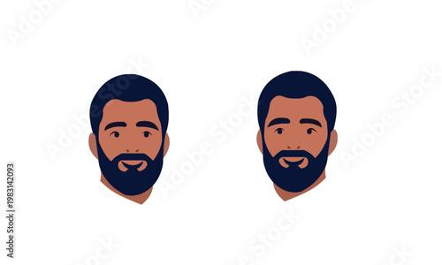Set of two male faces with beards and dark hair, avatar style vector illustration