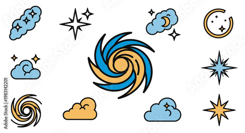 A vibrant digital vector collection presents a variety of weather elements and celestial objects, including clouds, stars, and swirling cyclones, in a minimalist flat design, suitable for va