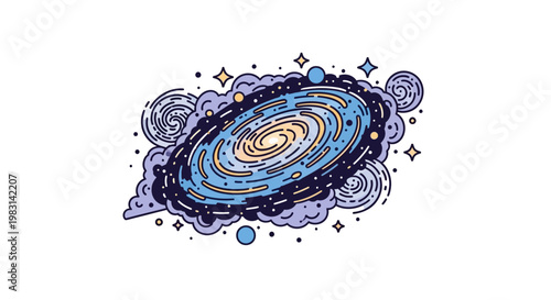 A vibrant and detailed artistic representation showcasing a stylized galaxy with swirling arms, glowing core, and celestial elements, suitable for space, science, and educational themes.