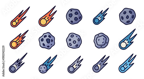 Cartoon-style collection of diverse, colorful meteors and asteroids in a flat design, representing celestial bodies hurtling through space, perfect for educational and space-themed projects.