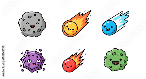 Collection of Cute Cartoon Asteroids and Comets with Smiling Faces Set Against a White Background for Space Themed Designs and Children Educational