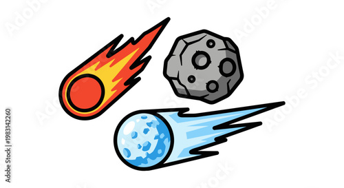 Cartoon-style depiction of celestial objects including a fiery comet with a bold orange trail, a cold blue comet with icy trail, and a textured asteroid rock, isolated against a white backgr