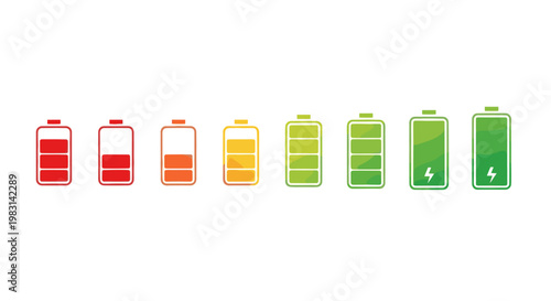 Battery indicator icon set showing charge level from red empty to green full with lighting bolt symbol, energy status concept, vector illustration
