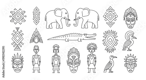 African tribal ornament, traditional ritual mask, animal, and person. Black and white vector illustration for decor, ethnic art