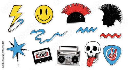 Collection of punk rock style doodles featuring skull, mohawk, smiley, and boombox, a set of hand drawn vector illustration