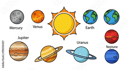 Solar System Celestial Bodies Including Sun Earth Mercury Venus Jupiter Uranus Neptune Planets and Moons Isolated on White Background