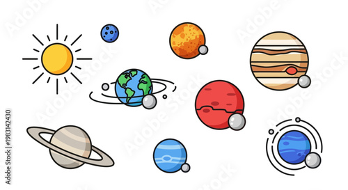 Collection of Planets and Sun Representations Set Solar System Celestial Bodies Graphic Elements Illustration