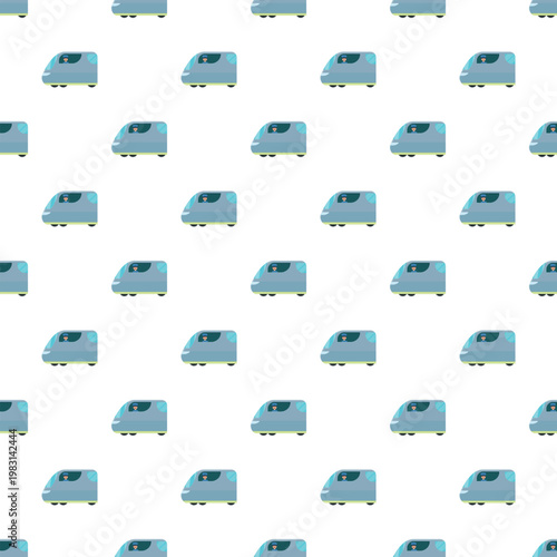 Seamless pattern featuring a repeating illustration of modern high speed trains on a white background