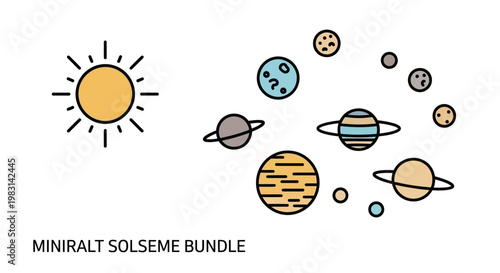 Minimalist art piece representing the solor system with the sun and various planets in decorative positions with bright colors and creative outlines and space elements with a artistic backgr