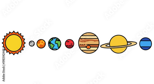Minimalist vector graphic of the vibrant solar system planets aligned against a clean white backdrop, showcasing the cosmos in a modern flat design suitable for educational materials or astr