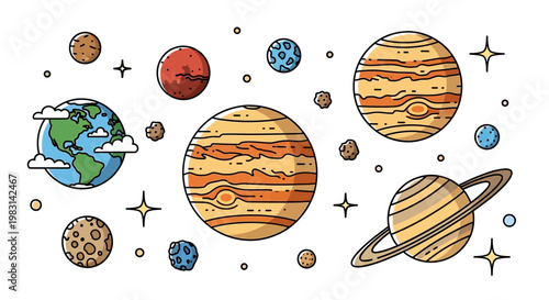 A vibrant digital vector graphic featuring a collection of stylized planets, suns, and stars isolated against a white background, representing the solar system in a modern, flat-design artis
