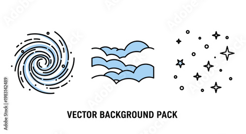 Minimalist vector background pack featuring a swirling galaxy, puffy clouds, and glimmering stars with clean lines and a soft color palette for versatile design purposes, set against a prist