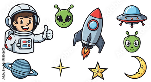 A vibrant digital vector cartoon astronaut giving a thumbs up, surrounded by cartoonish space elements like aliens, a rocket ship, a UFO, stars, a crescent moon, and the planet Saturn, set a