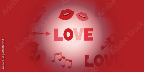 Love concept background with hearts lips and music notes