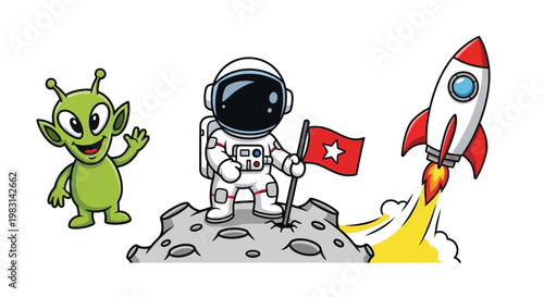 A whimsical cartoon depiction of an alien waving hello to an astronaut planting a flag on the moon, with a rocket ship launching in a playful, cartoonish style against a white background, re