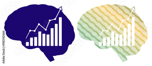 Two stylized brains with upward trending bar graphs symbolizing growth and learning