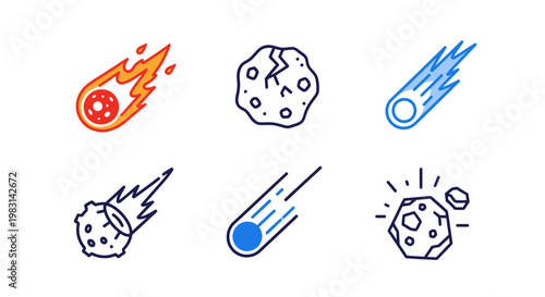 A vibrant assortment of stylistic, linear iconographic interpretations of cosmic celestial bodies, depicting fiery meteors, asteroid fragmentation, and brilliant comets traversing the expans
