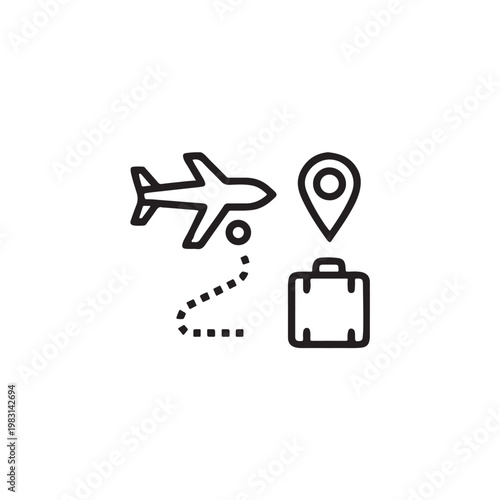 Travel and tourism icons: airplane, hotel, map pin, luggage, black vector isolated on white