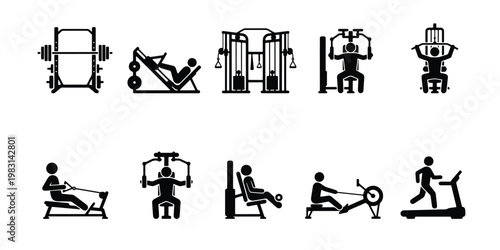 Gym equipment icons set, fitness workout machine vector illustrations, black silhouette exercise station pictograms for bodybuilding and cardio training