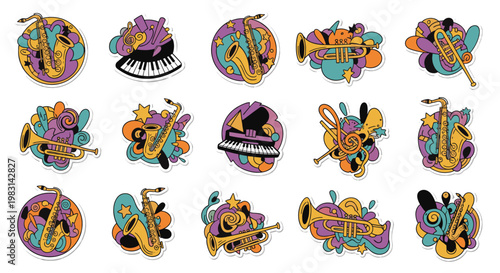 Musical instruments doodle set with saxophone, trumpet, and piano keyboard. Hand written lettering for music festival. Vector illustration