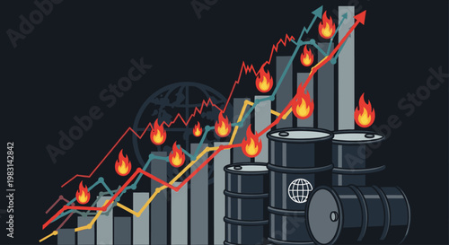 Oil barrels, rising prices chart with fire flame. Crisis, inflation, global energy market concept. Vector illustration for business, finance