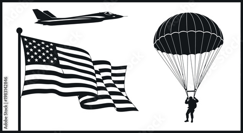 American Flag, Jet Fighter, and Parachutist Silhouette - Symbol of Freedom and Military Power