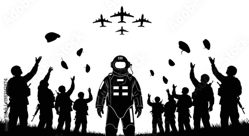 Astronaut Celebrated by Soldiers with Jets Flying Overhead