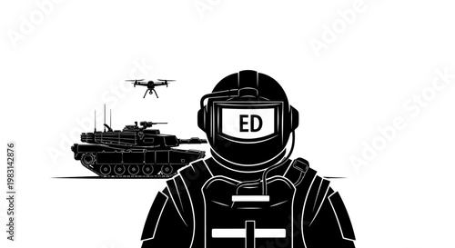 Astronaut with drone and tank, futuristic military technology concept