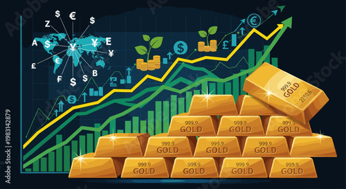 Pile of gold bars in front of a financial graph with world map, currency symbols, and growing plants. Economic investment concept vector illustration