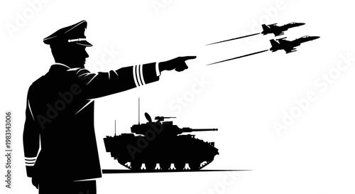 Military Commander Directs Air and Ground Forces: Jets Fly Over Tank