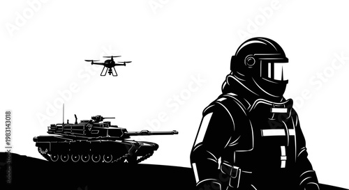 Military drone and soldier with tank on battlefield, surveillance and warfare concept