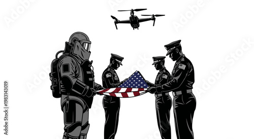 Military Drone Oversees Police Officers Folding American Flag