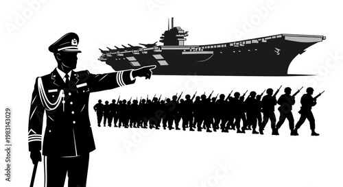 Military Commander Directs Naval Fleet and Soldiers, Symbolizing Power and Authority