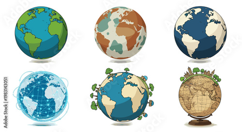 Set of earth globe icons with different styles, showing world map. Global travel, environment, and communication concept. Vector illustration