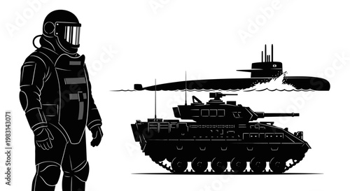 Military equipment: armored tank, submarine, and hazmat suit
