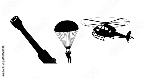 Military Helicopter, Parachutist, and Cannon Silhouette - Airborne Operations Concept