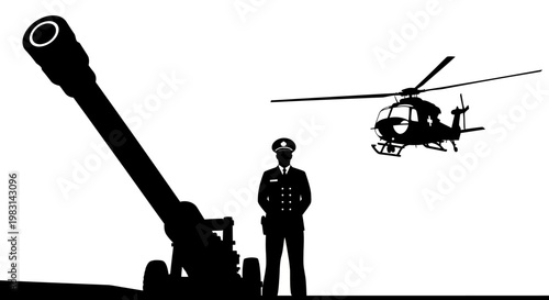 Military Helicopter and Artillery Cannon Silhouette with Soldier