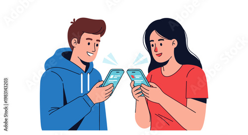 Young man and woman connecting with each other using smartphone applications. Social media chat or online dating concept vector illustration