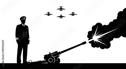 Military Officer Oversees Artillery Fire and Fighter Jets in Silhouette