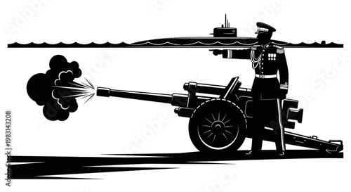 Military Officer Fires Cannon, Submarine in Background, Naval Warfare Concept