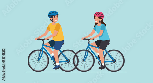 Young man and woman tandem biking with helmets. Outdoor activity and healthy lifestyle concept. Isolated cycling illustration for banner, poster design