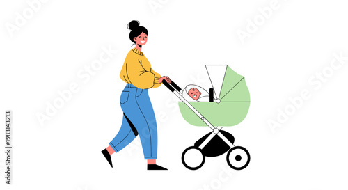 Woman walking with a baby in a green pram or stroller. Parenthood, motherhood, family concept. Vector illustration for design