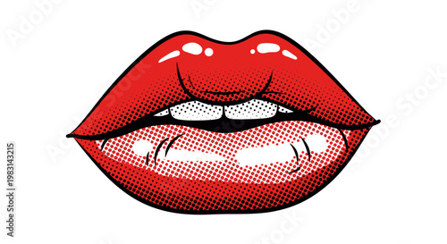 Woman's glossy red lips open slightly showing white teeth. Pop art retro style for beauty, fashion and sensuality. Isolated vector illustration
