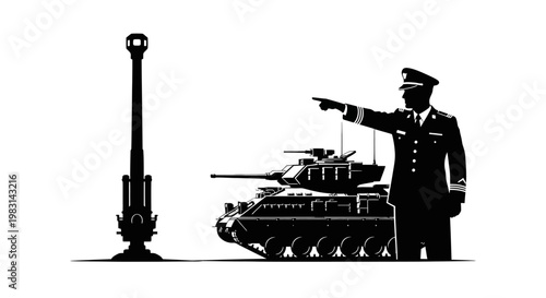 Military Officer Directs Tank and Artillery Piece in Strategic Maneuver
