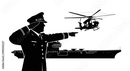 Military Officer Salutes Helicopter and Aircraft Carrier in Silhouette