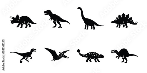 Dinosaur silhouette vector set, prehistoric animal icons collection, black t-rex and triceratops shapes, 8 jurassic creature elements for educational design