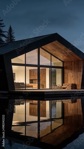 Vertical video: Showing dusk settling, timber cabin glowing lakeside, glass facade reflecting