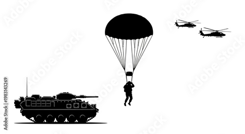 Military parachute drop with helicopter and armored vehicle, combat mission concept