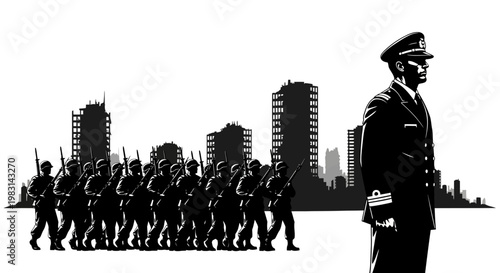 Military parade in ruined city, commander overlooking troops, post-apocalyptic scene